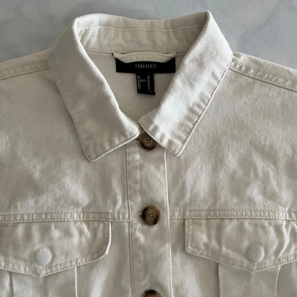 Forever 21 Cream Cropped Button Up Cotton Denim Jacket - Picture 4 of 7